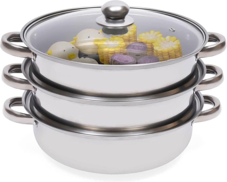 Stoompan met 3 etages Groentestomer RVS Gezond Koken Geschikt voor inductie 28 cm diameter Zilverkleurig