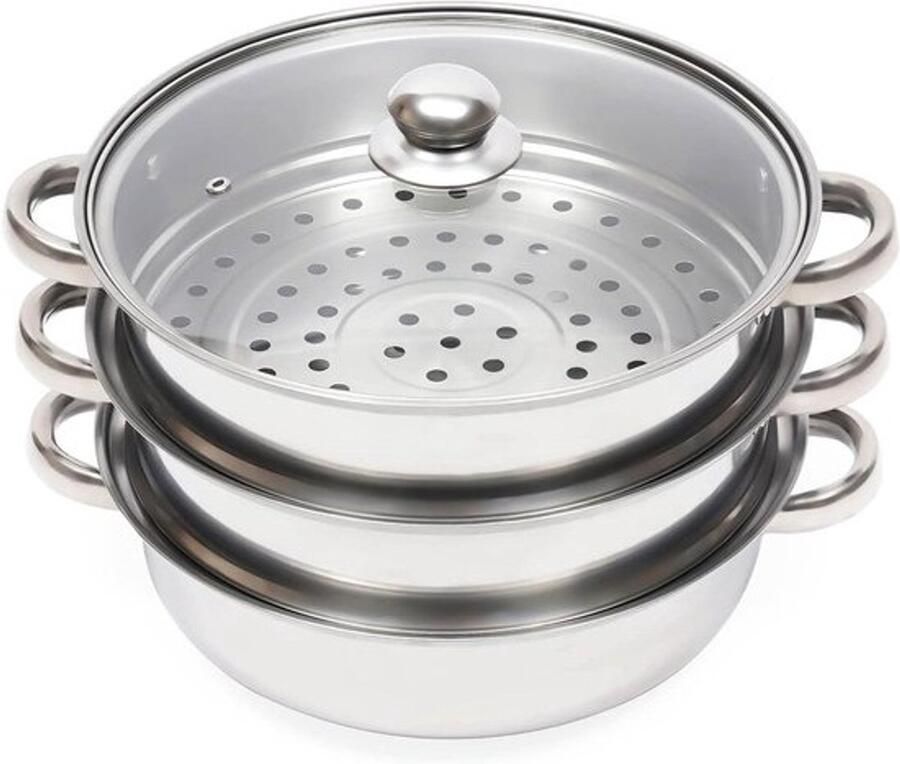 Stoompan met 3 etages Roestvrijstalen stoomkoker Gezond koken Voor alle vuren 28 cm Zilver