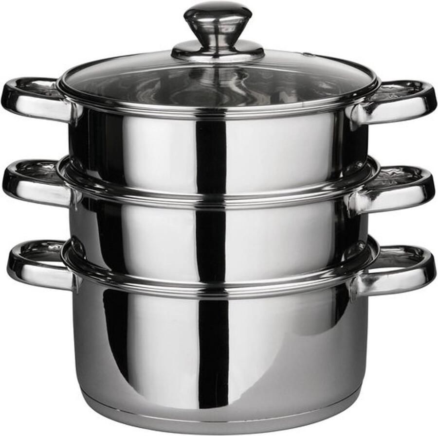 Stoompan met 3 lagen Ruime stoomkoker Gezond koken Roestvrij staal 22 cm diameter Zilverkleurig