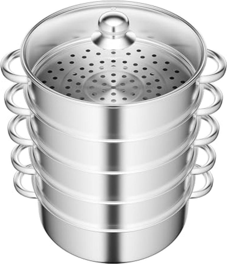 Stoompan met 5 etages Stapelbare RVS Kookpan met Glazen Deksel en Siliconen Handgrepen
