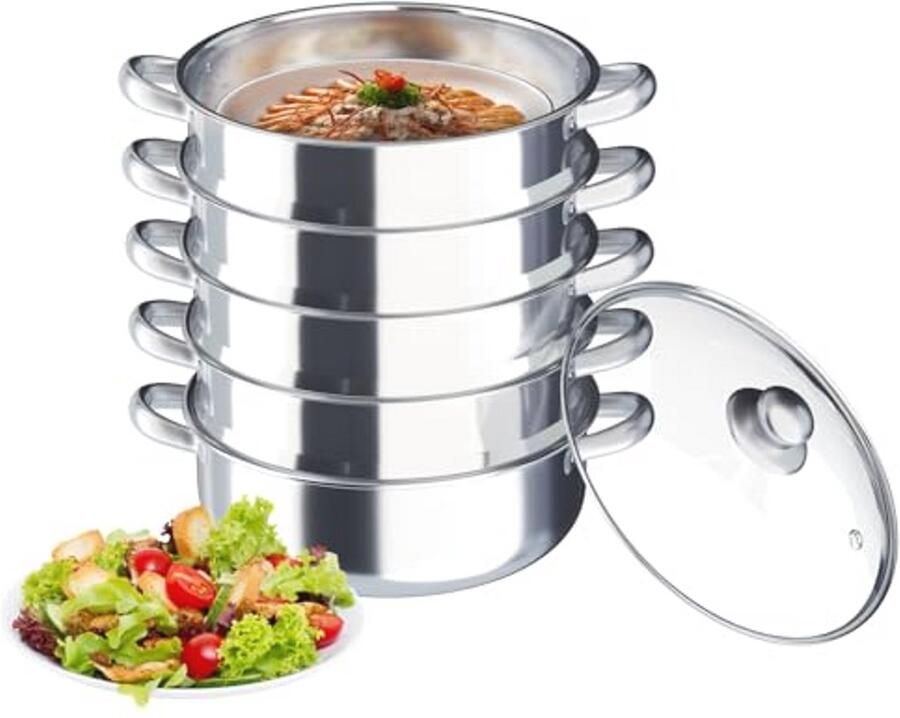 Stoompan met 5 Etages van Roestvrij Staal Glazen Deksel 30 cm