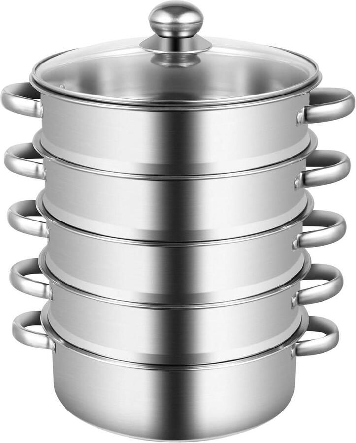 Stoompan met 5 Lagen Stoomkoker Pan Gezond Koken 304 Roestvrij Staal 26 cm Diameter Zilver