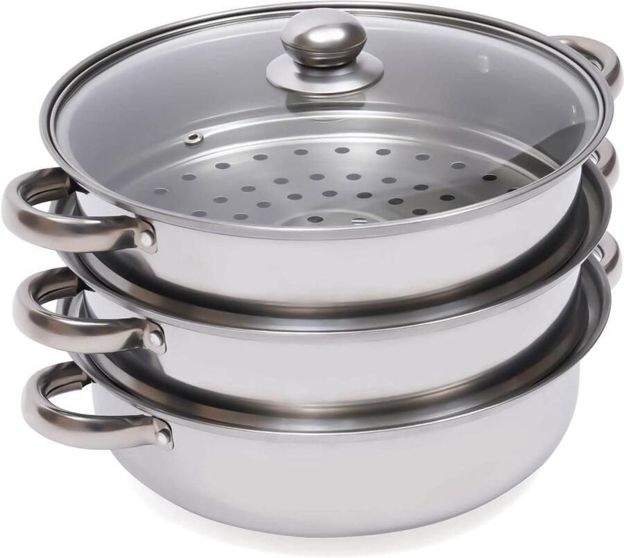 Stoompan met Deksel Kookpan Stoom Gezond Koken Drievoudige Capaciteit 28 cm Diameter Zilver