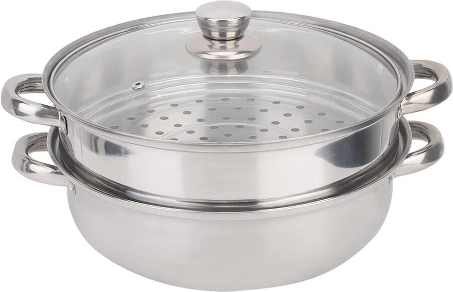 Stoompan met Deksel Dubbele Boiler Pan Gezond Koken Roestvrij Staal 27 cm Zilverkleurig