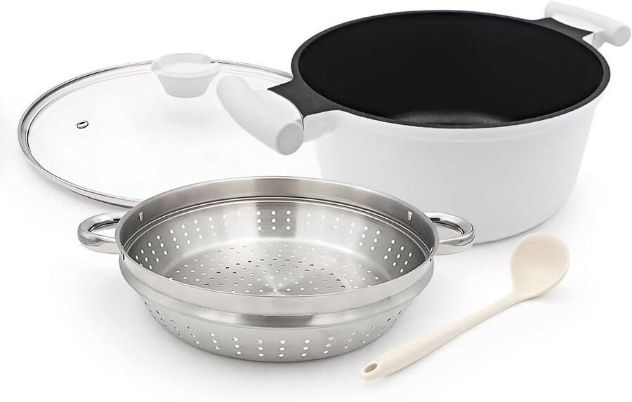 Stoompan met deksel Grote koker Gezond koken Antiaanbaklaag 7 liter inhoud Zwart