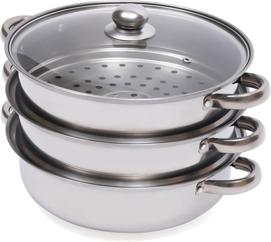 Stoompan met Deksel Kookpan Gezond Koken Drie Lagen 28 cm Zilver