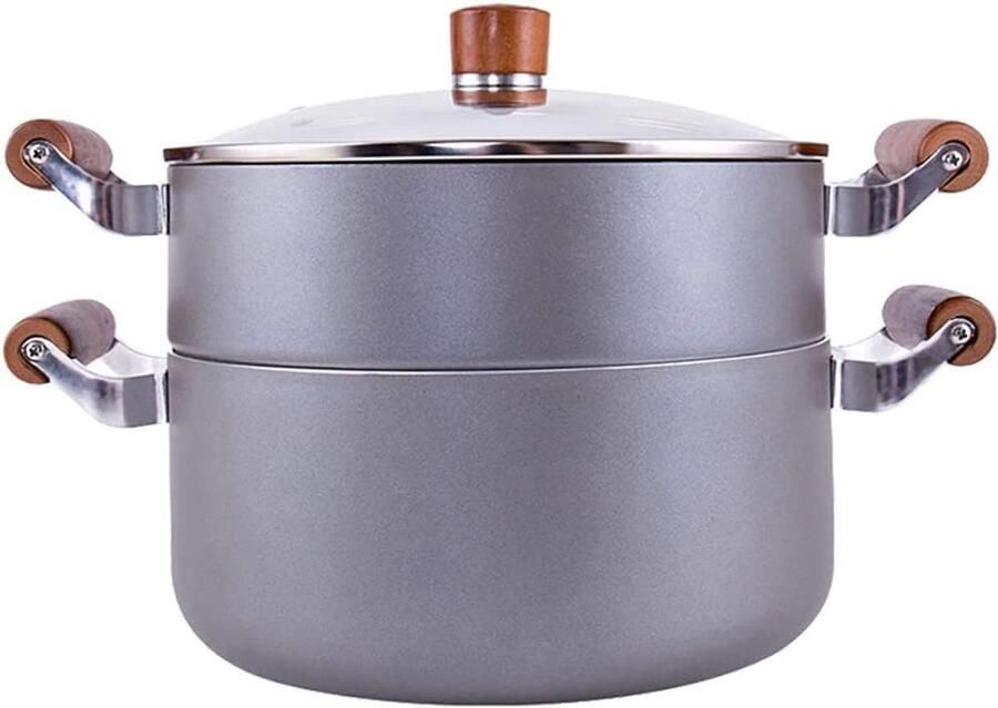 Stoompan met Deksel Soeppot Stoofpot Gezond Koken Twee Laags Ontwerp 24CM Doorsnede Grijs