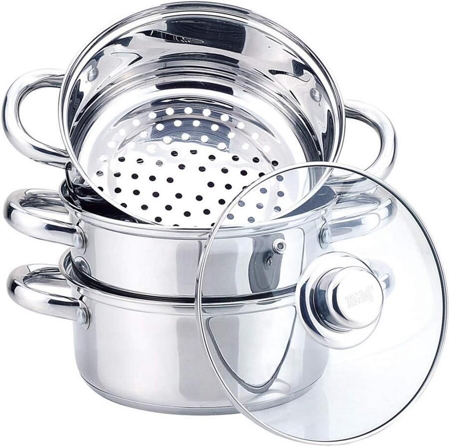 Stoompan met deksel Stoomkoker set Gezond koken Meerlagige thermobodem 24 cm 5 liter Zilverkleurig