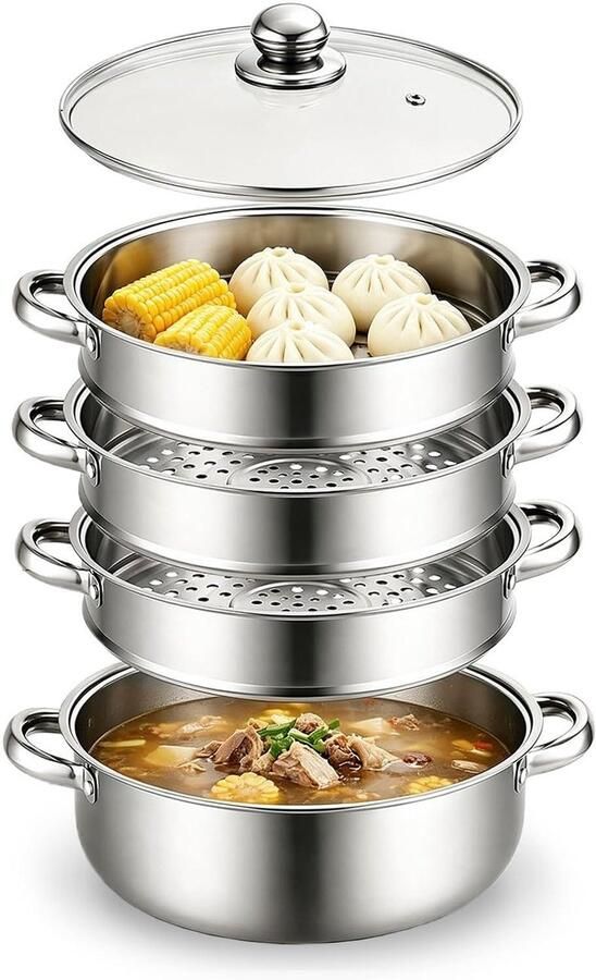 Stoompan met inzet Kookpan stomer Gezond koken Roestvrij staal 28 cm Zilver