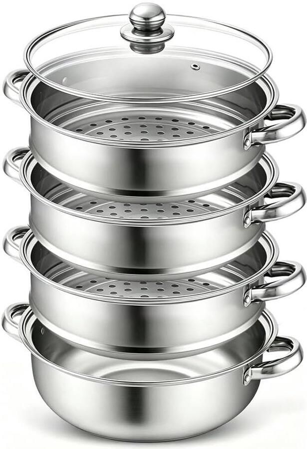 Stoompan met Inzet Stoomkoker Gezond Koken 3 4 Laags Koken 28 cm Diameter Zilver