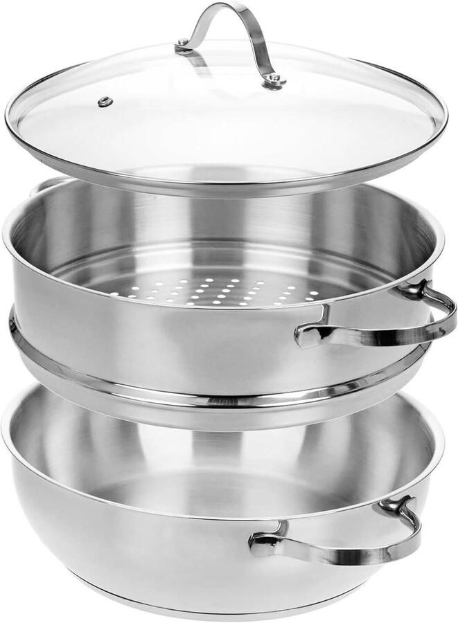 Stoompan met Inzetstukken Stoomkoker Groenten Gezond Koken Gelijkmatige Warmteverdeling 28 cm Zilver