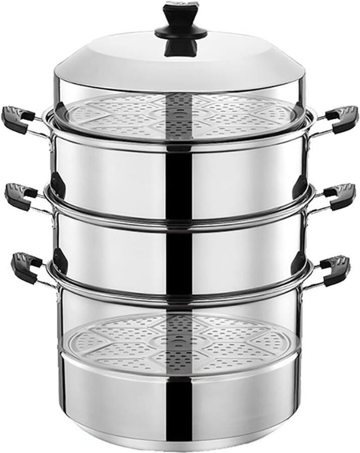 Stoompan Met Lagen Grote Stomer Gezond Koken Roestvrij Staal 30-40 cm Zilverkleurig