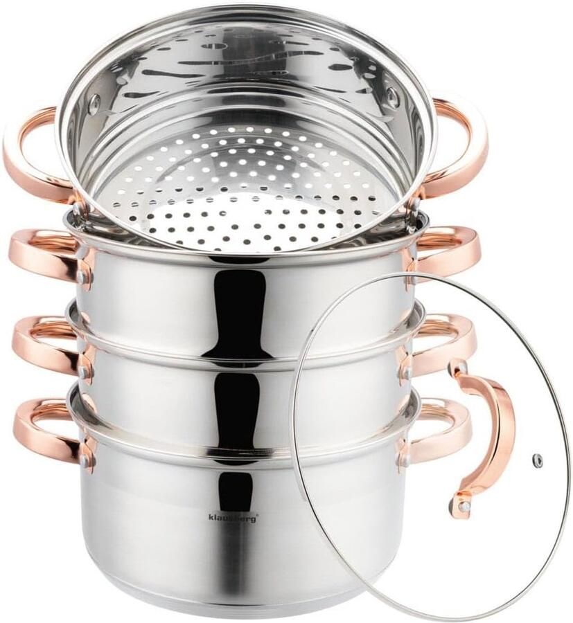 Stoompan Pannenset Stoomkoker Kookpan Gezond Koken Roestvrij Staal 22 cm Zilver Roségoud