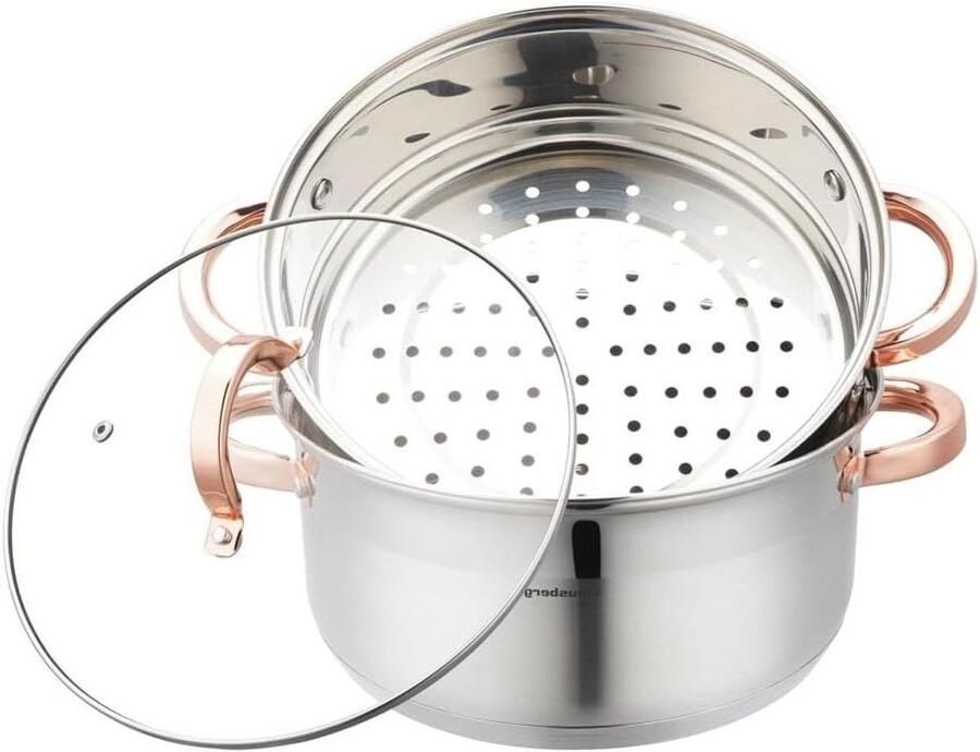 Stoompan Pannenset Stoomkoker Set Gezond Koken Vetvrij Koken 24 cm Zilver Roségoud