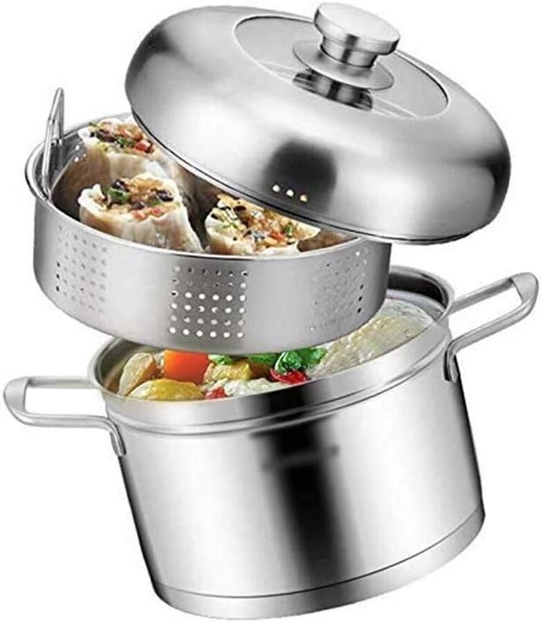 Stoompan Roestvrij Staal Kookpan Inductie Gezond Koken Drielaags Composietbodem 22 cm Zilver