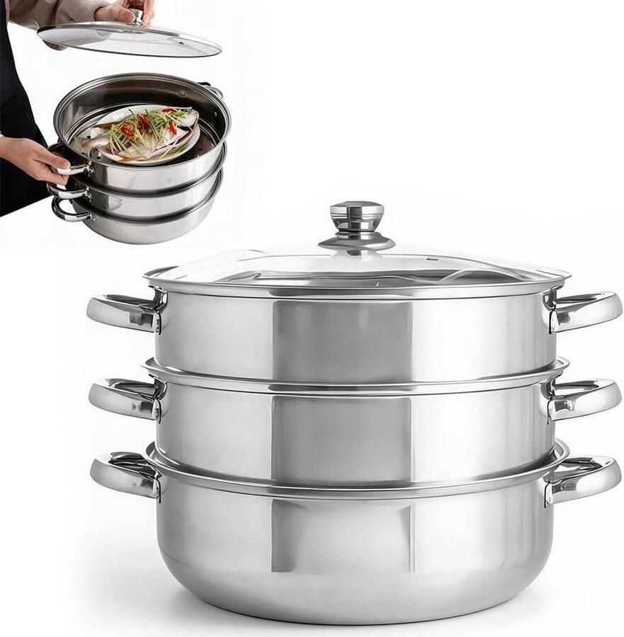 Stoompan Roestvrij Staal Serveerschaal Kookgerei Gezond Koken Meerdere Stapelbare Niveaus 28 cm Zilver