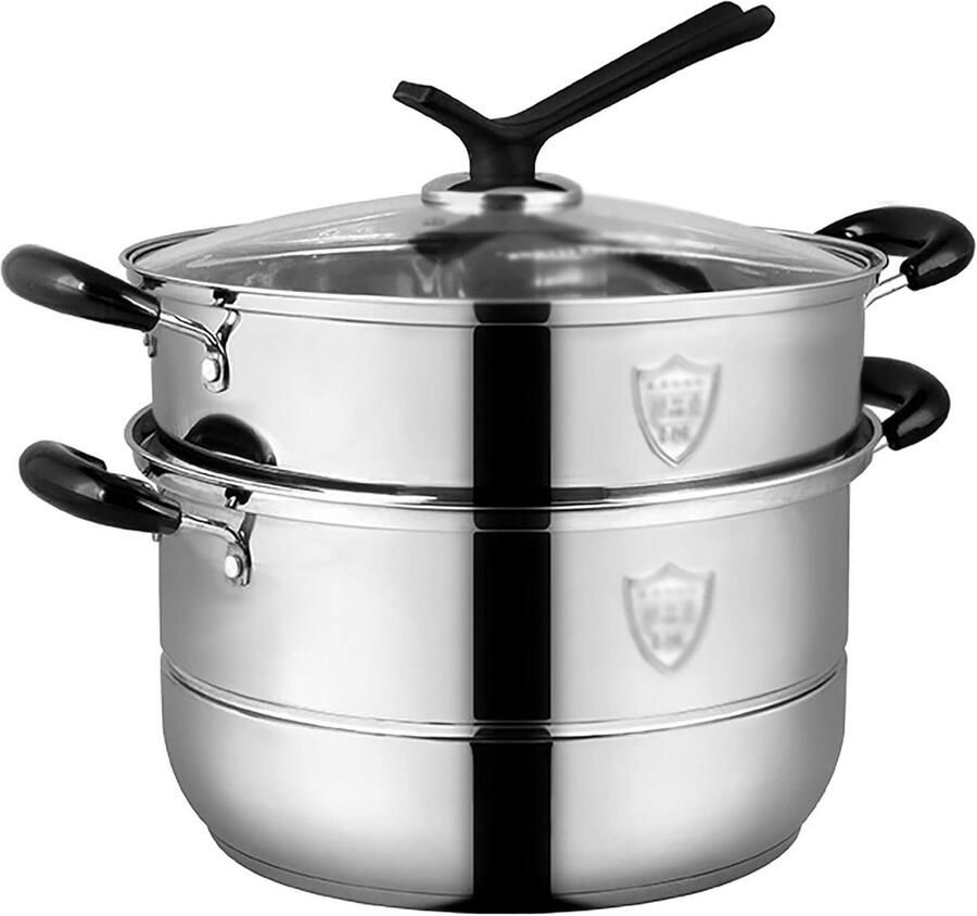 Stoompan Roestvrij Staal Soeppan Kookpan Gezond Koken Dubbele Bodem 28 cm Zilver