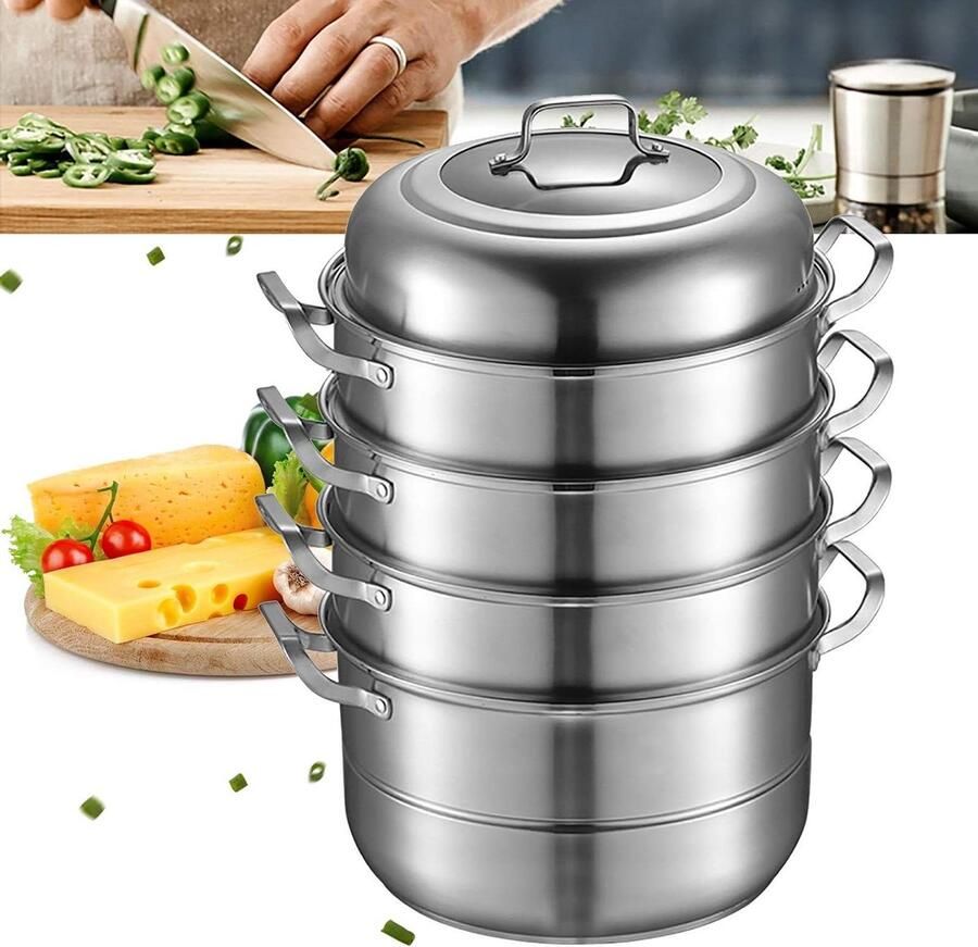 Stoompan Roestvrij Staal Stomer Kookpan Gezond Koken Vijf Lagen Capaciteit 32 cm Diameter Zilver