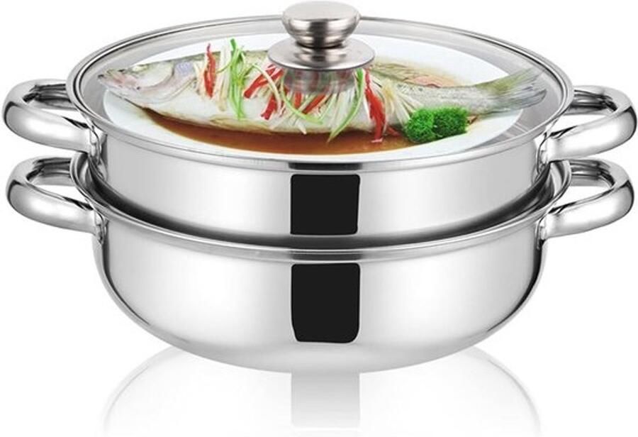 Stoompan Roestvrij Staal Stoomboot Kookgerei Gezond Koken Dubbele Laag Stomen 27cm Diameter Zilver