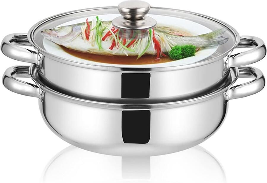 Stoompan Roestvrij Staal Stoomboot Kookgerei Gezond Koken Dubbele Laag Stomen 27cm Diameter Zilver