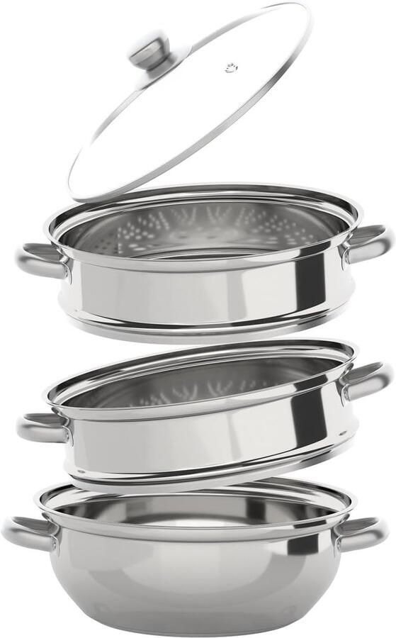 Stoompan Roestvrij Staal Stoomkoker Keuken Gezond Koken Stapelbaar Ontwerp 28 cm Diameter Zilver