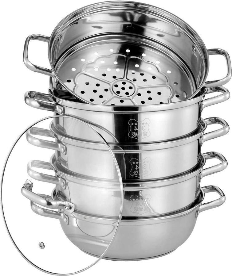 Stoompan Roestvrij Staal Stoomkoker Kookpan Gezond Koken Vijflaags Geïntegreerd 28 cm Zilver