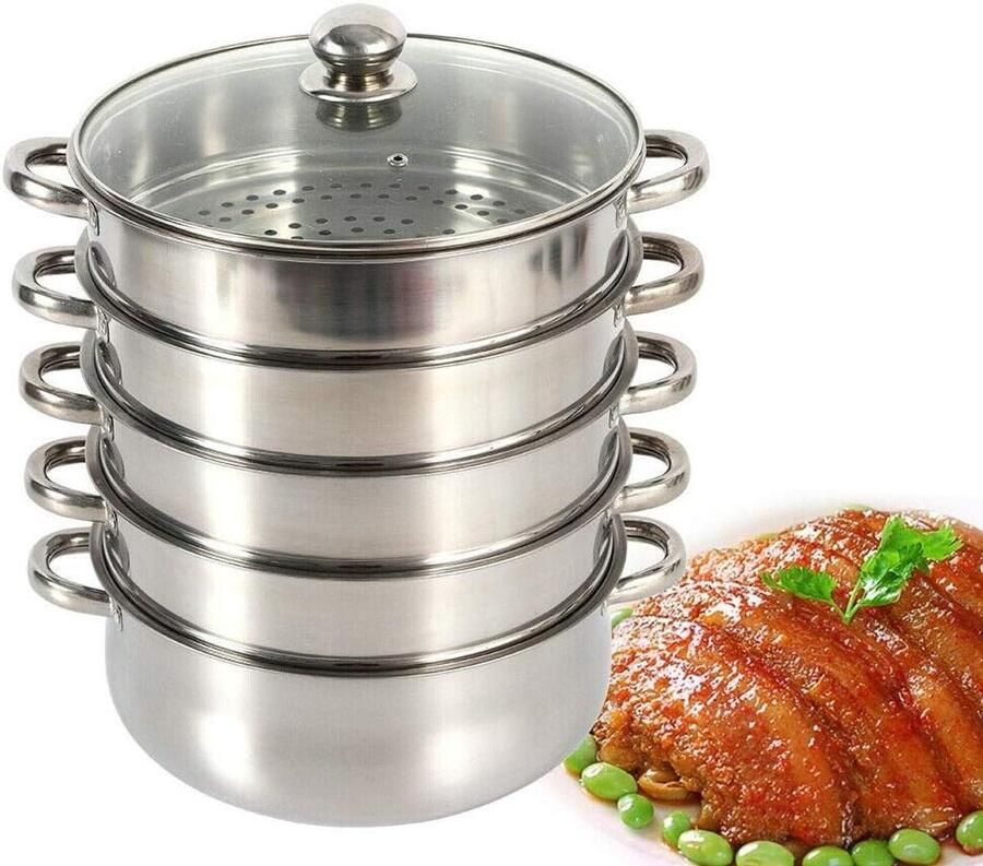 Roestvrijstalen stoomkoker Stoompan keukenartikelen Gezond koken Vijfdelige stapelbare pan 30 cm Zilver