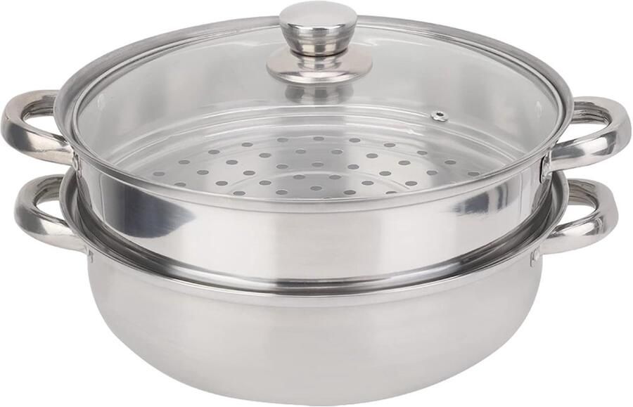 Stoomkoker Set Kookpan Dubbel Gezond Koken Roestvrij Staal 27 cm Zilver