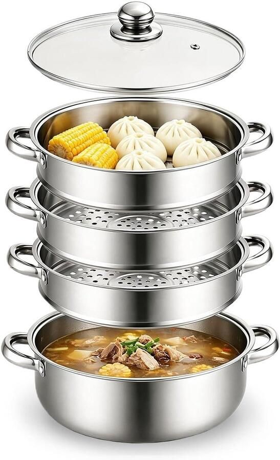 Stoompan Roestvrijstaal Kookpan met inzet Gezond Koken Universeel Inductie 28 cm Zilver