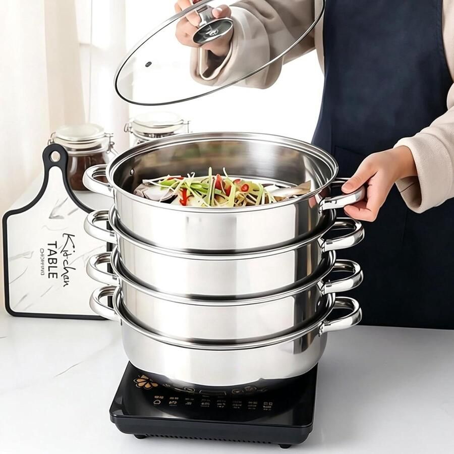 Stoompan Roestvrijstaal Kookpan met mand Gezond Koken Gelijkmatig Garen 28 cm Zilver