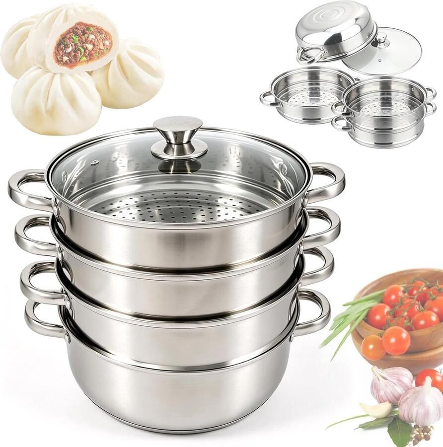 Stoompan Roestvrijstaal Kookpan met stoominzet Gezond Koken Flexibel 2-in-1 ontwerp 28 cm Zilver