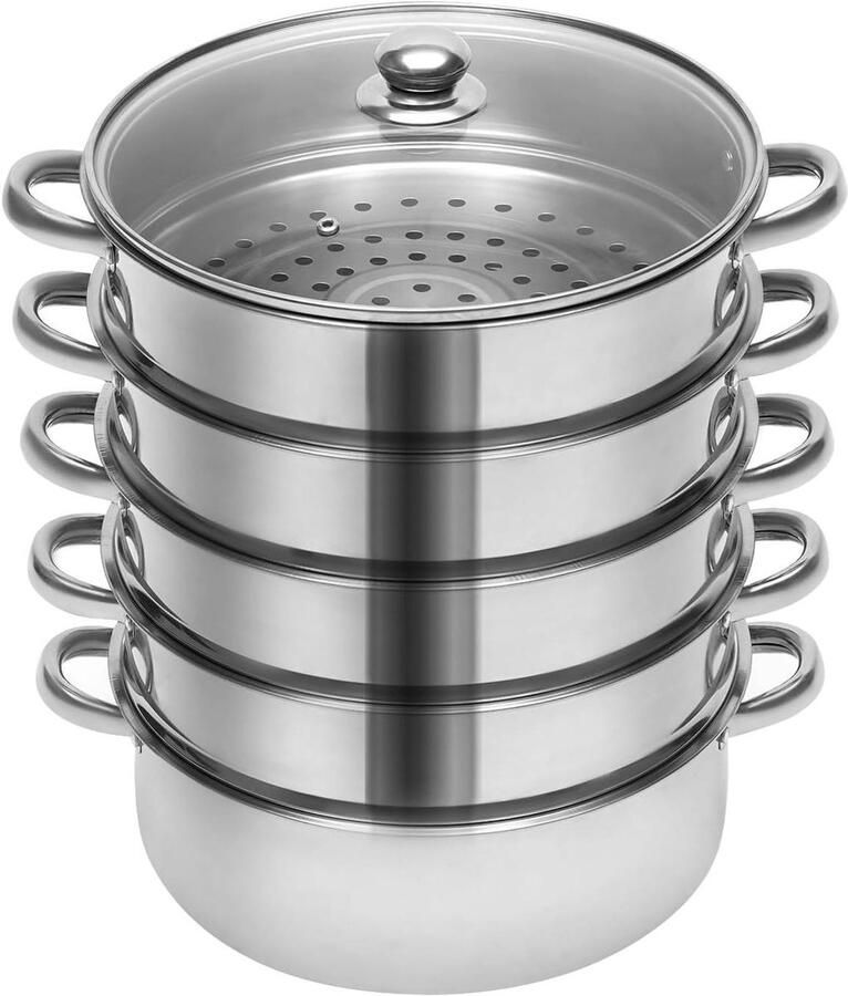 Stoompan Roestvrijstaal Stoomkoker Glazen Deksel Gezond Koken 5-laags Ontwerp 26 cm Zilver
