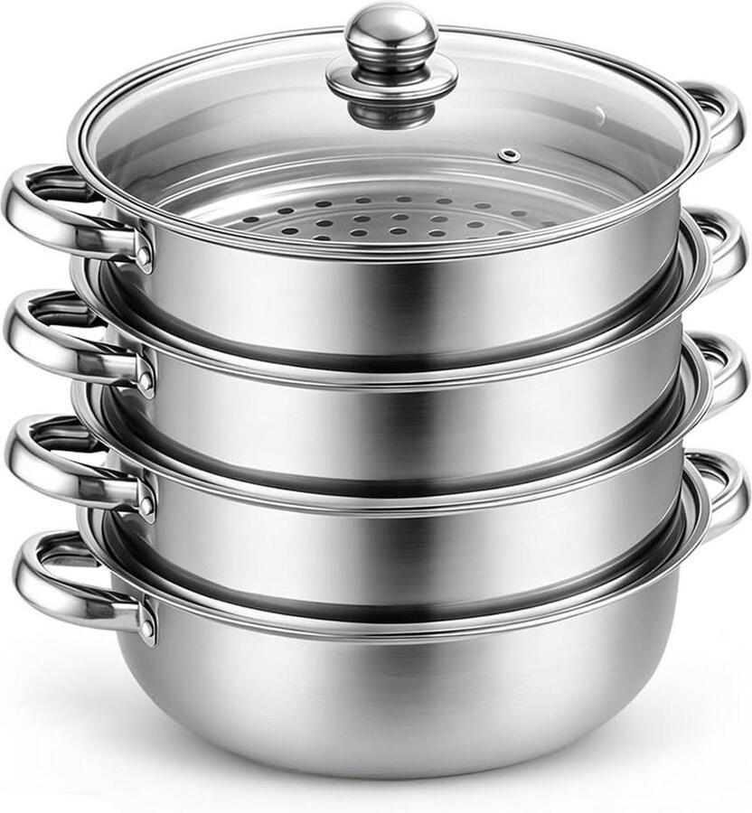 Stoompan Roestvrijstaal Stoomkoker Inductie Gezond Koken Drie Laags Systeem 28 cm Zilver