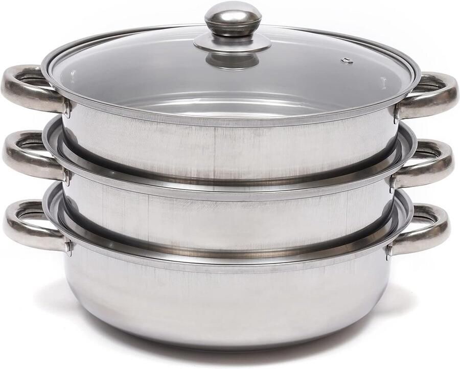 Stoompan RVS 3 Etages Grote Stoomkoker met Glazen Deksel Geschikt voor Gas en Elektrisch