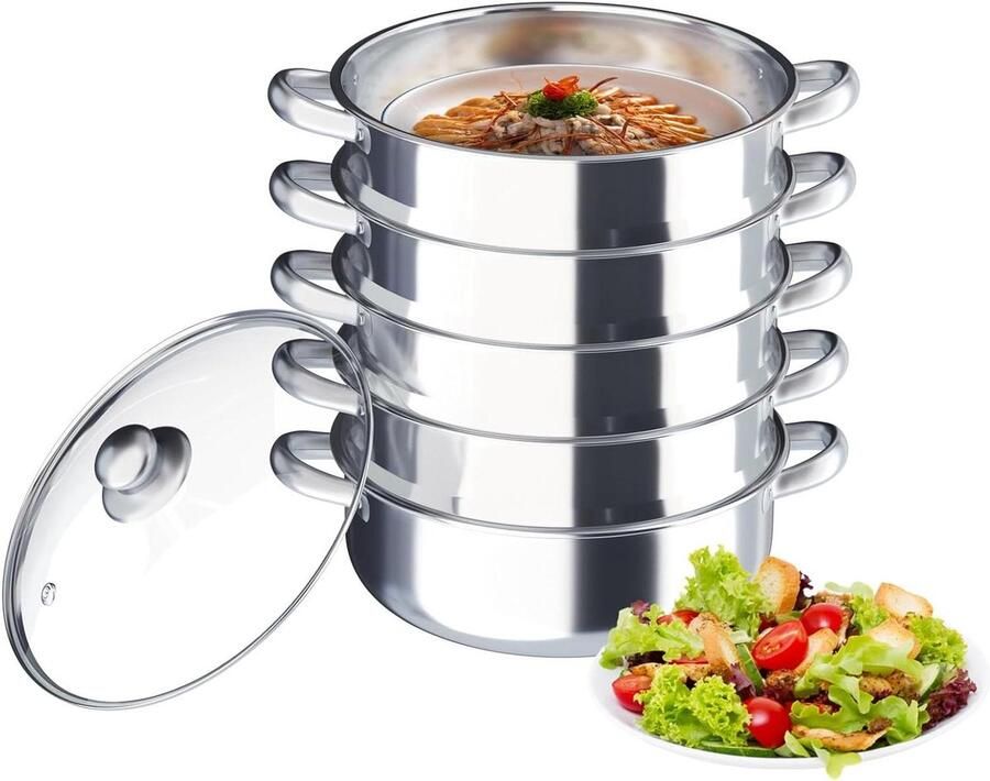 Stoompan RVS Stoomkoker Groenten Gezond Koken 5-Laags Capaciteit 30 cm Diameter Zilver