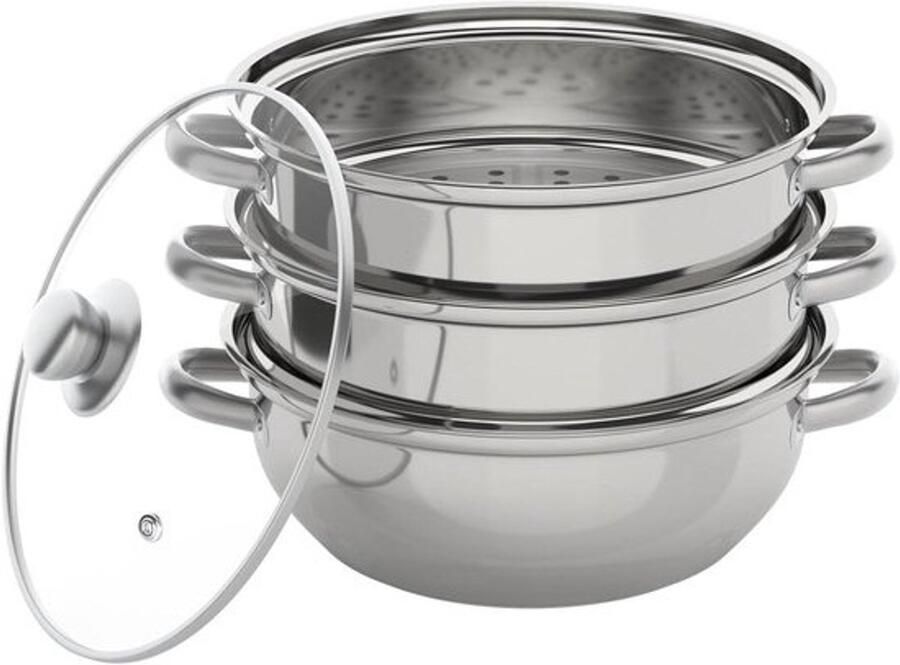 Drielaagse stoompan Stoomkoker set Gezond koken Flexibel 3-in-1 design 28 cm Zilver
