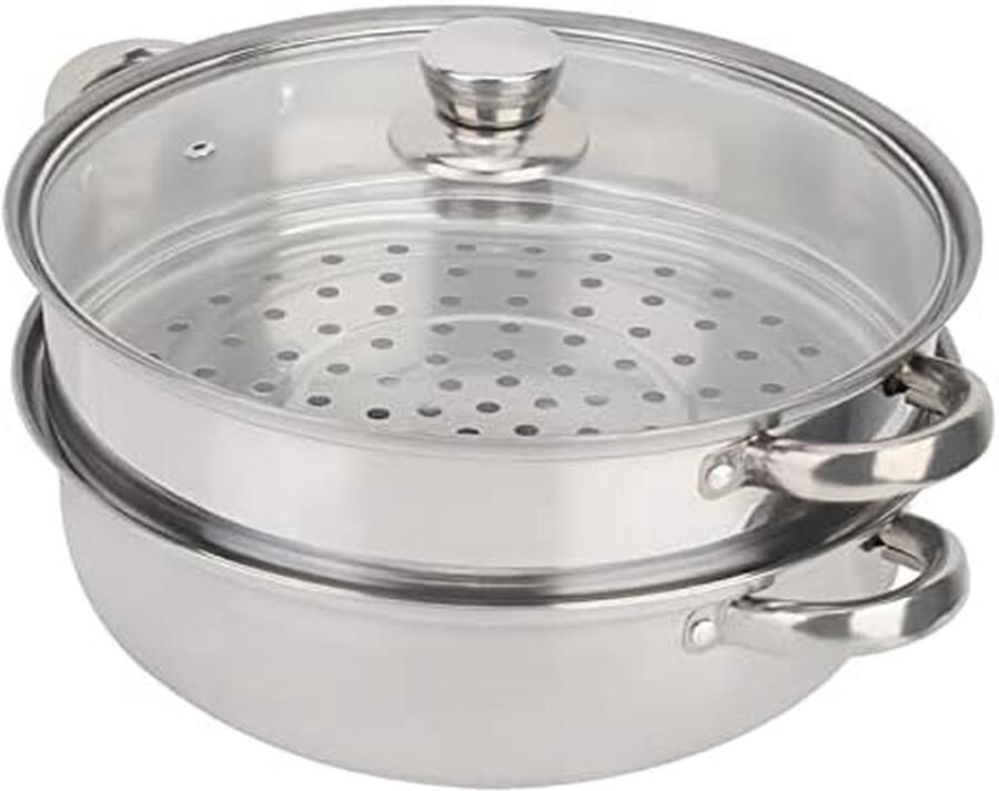 Stoompan 2-laags Stoomkoker RVS Gezond Koken Glazen Deksel 27 cm Diameter Zilver