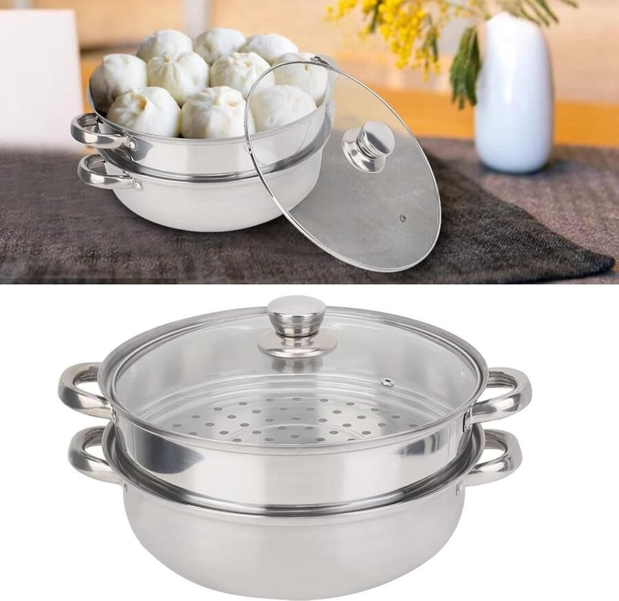 Stoompan RVS Dubbele Kookpan Gezond Koken Energiezuinig Ontwerp 27cm Diameter Zilverkleurig