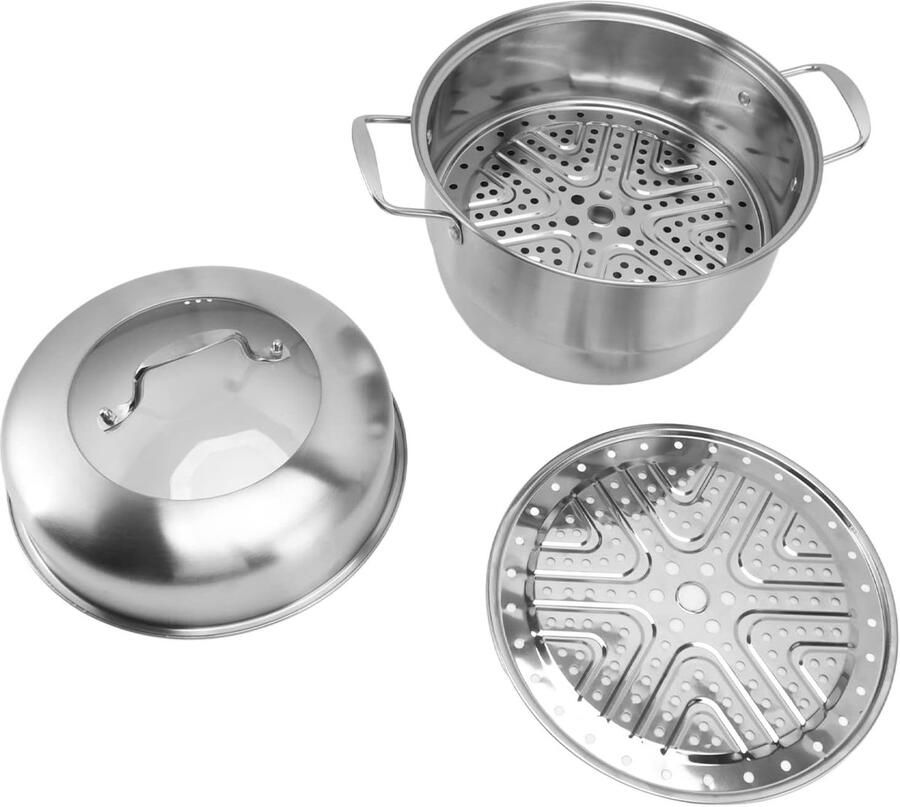 Stoompan RVS Grote kookpot Gezond koken Dubbele stoomlade 28 cm diameter Zilverkleurig