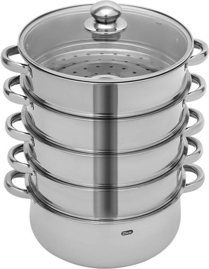 Stoompan RVS Grote stoomkoker Gezond Koken 5 Lagen Constructie 32 cm Diameter Zilver