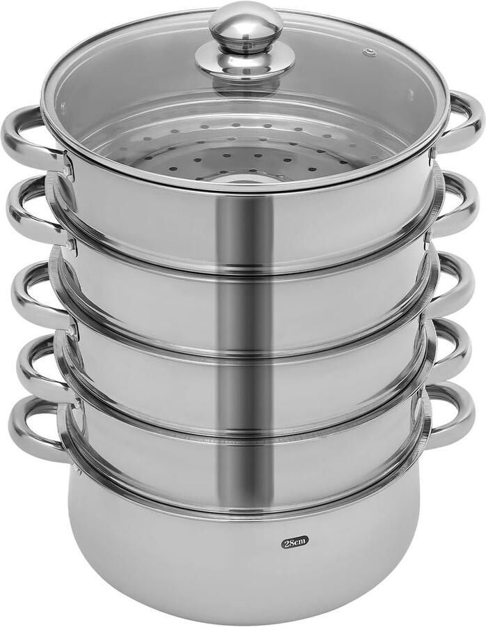 Stoompan RVS Grote stoomkoker Gezond Koken 5 Lagen Constructie 32 cm Diameter Zilver