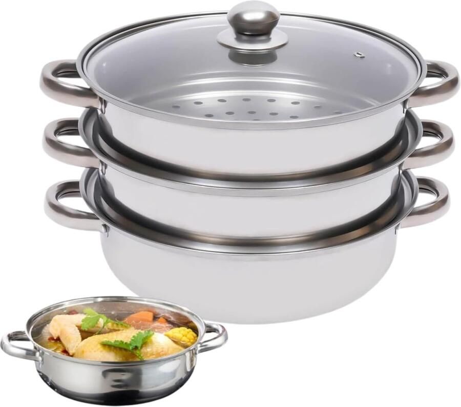 Stoompan RVS Kookpan met deksel Gezond Koken Stapelbaar 3-laags 1195 g Zilverkleurig