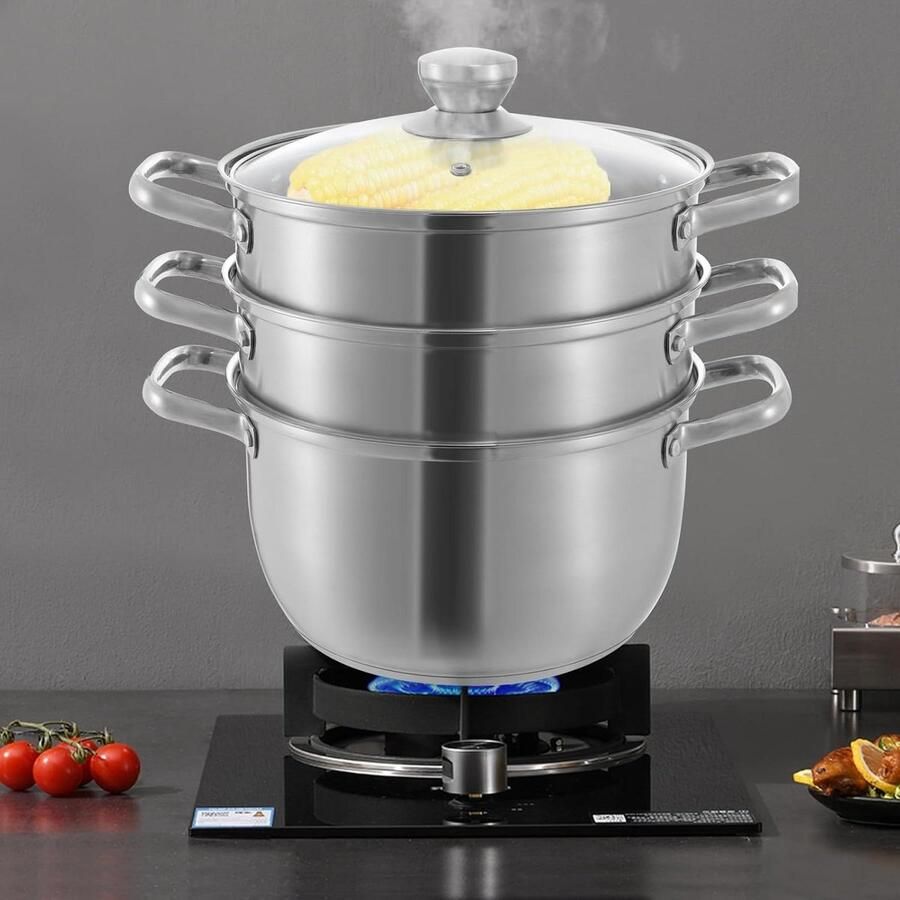 Stoompan RVS Kookpan met stoominzet Gezond Koken Drie Kookniveaus 24 cm Diameter Zilverkleurig