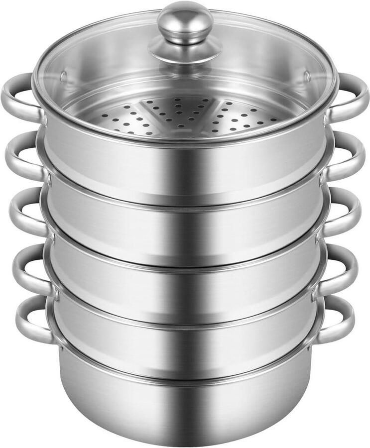 Stoompan RVS Kookpan met stoominzet Gezond Koken Vijf lagen constructie 26 tot 30 cm Zilver