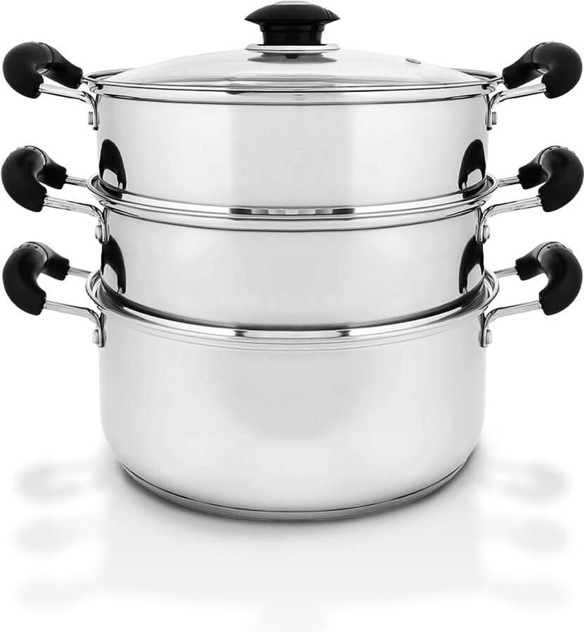 Stoompan RVS Kookpan Set Gezond Koken Drievoudige Bodem 25.5 cm Zilverkleurig