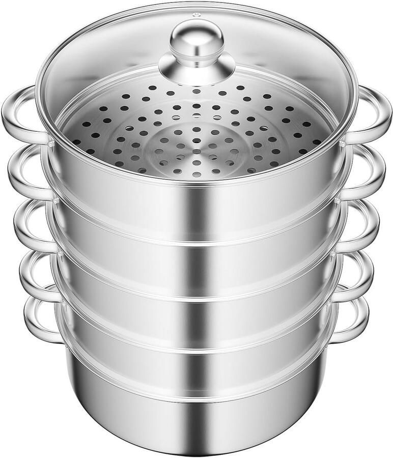 Stoompan RVS Kookpan Stomer Gezond Koken Vijf Niveaus 28 cm Zilver