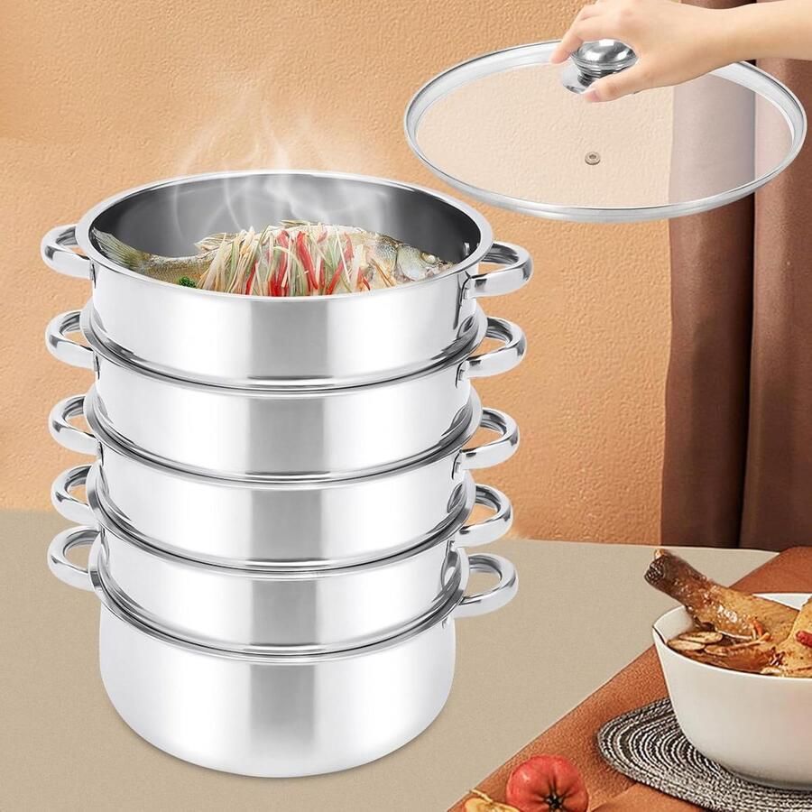 Stoompan RVS Kookpan Stoom Gezond Koken Vijf Lagen 28 cm Zilver