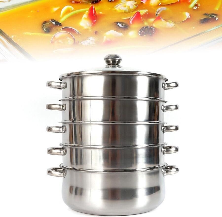 Stoompan RVS Mantykoker Stomer Gezond Koken Vijflaags Ontwerp 26 cm Zilverkleurig
