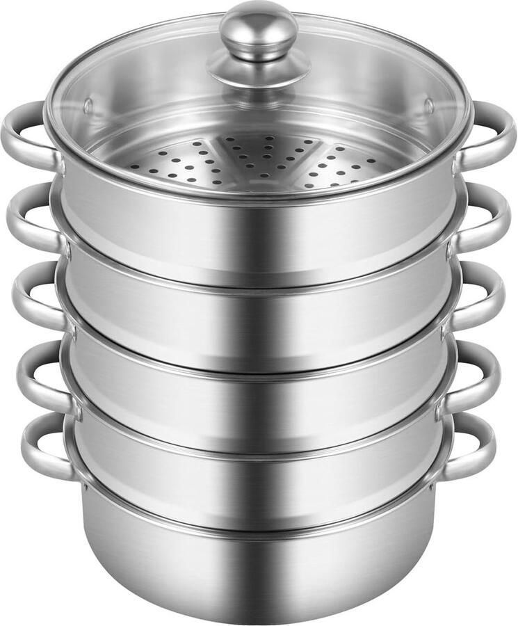 Stoompan RVS Stoomkoker Stapelbaar Gezond Koken 5 Lagen Capaciteit Diameter 26 cm Zilverkleurig