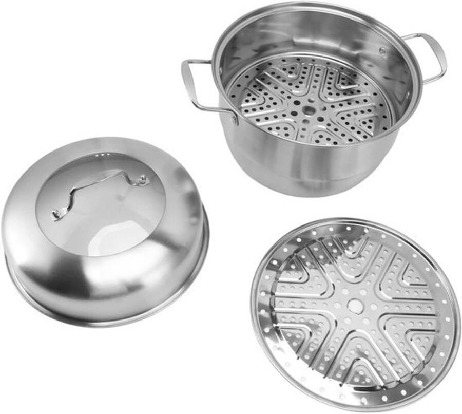 Stoompan RVS Ruime kookpot Gezond koken Dubbele stoomlade 28 cm diameter Zilverkleurig